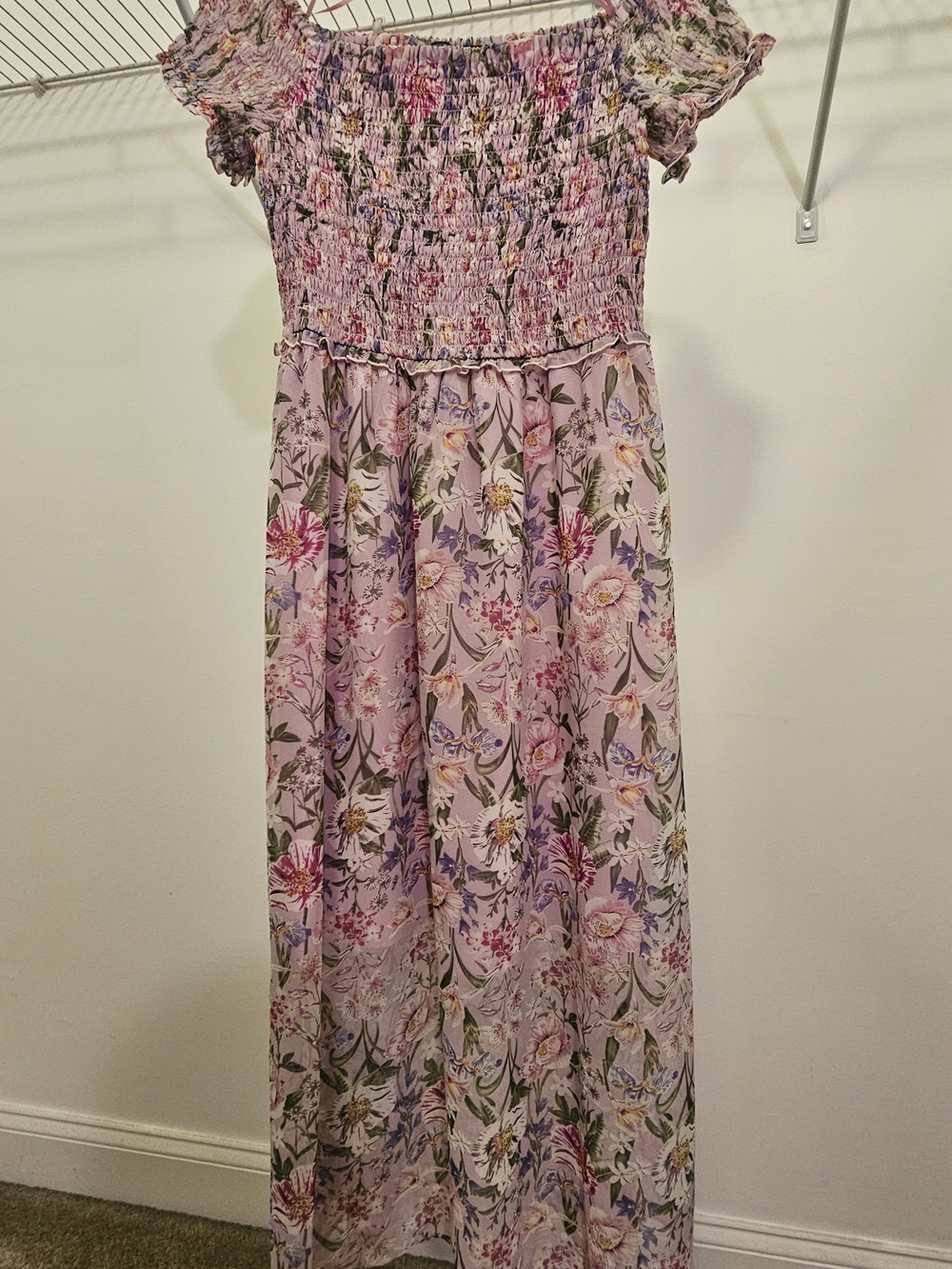 Smocked Off-Shoulder Floral Maxi Dress - Pink With Green
